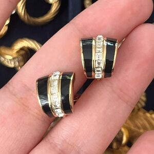 Vintage Christian Dior Square Rhinestone Black Enamel Gold Mini Hoop Earrings